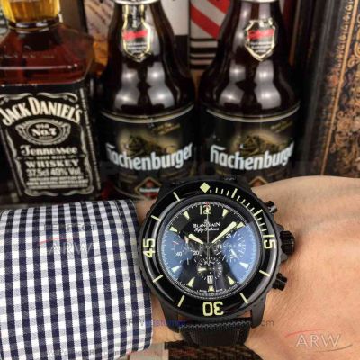 Perfect Replica Blancpain Fifty Fathoms Chronograph All Black Case Luminous Dial 42 MM Quartz Watch